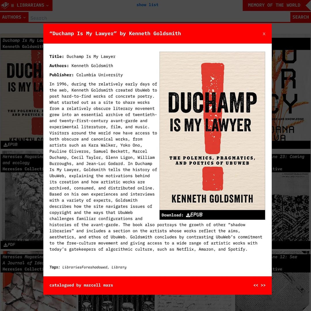 Buchcover von 'Duchamp Is My Lawyer' von Kenneth Goldsmith, das die Themen der avantgardistischen Literatur und die Bedeutung von Ubuweb behandelt.