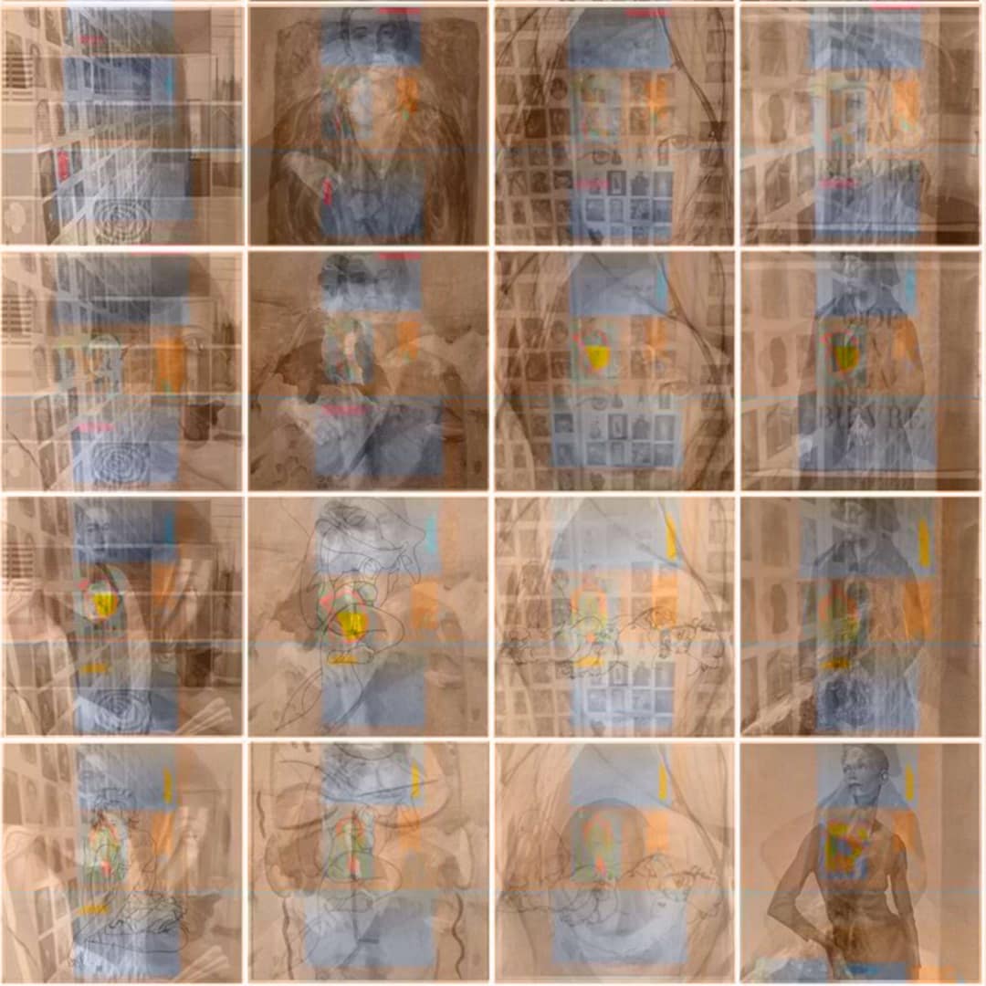 Eine Collage von schematischen Zeichnungen und Fotos, die abstrakte und figurative Darstellungen kombinieren.