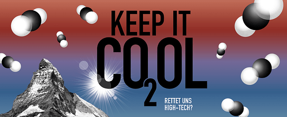 Graphic featuring a stylized mountain peak with a backdrop of gradient colors, including orange and blue, accompanied by molecular representations symbolizing carbon dioxide, with bold text stating 'KEEP IT CO2OL' and a question 'Rettet uns High-Tech?'
