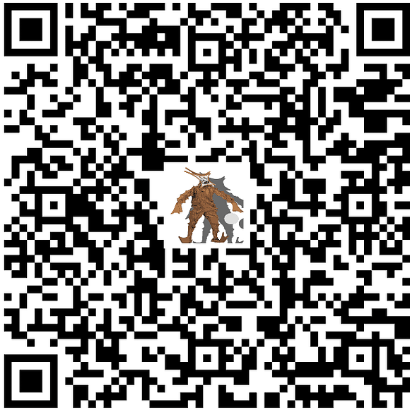 QR-Code mit einem künstlerischen Motiv im Zentrum, bestehend aus einer Figur mit einem Schwert und einem Tier, umgeben von einem schwarz-weißen Muster.