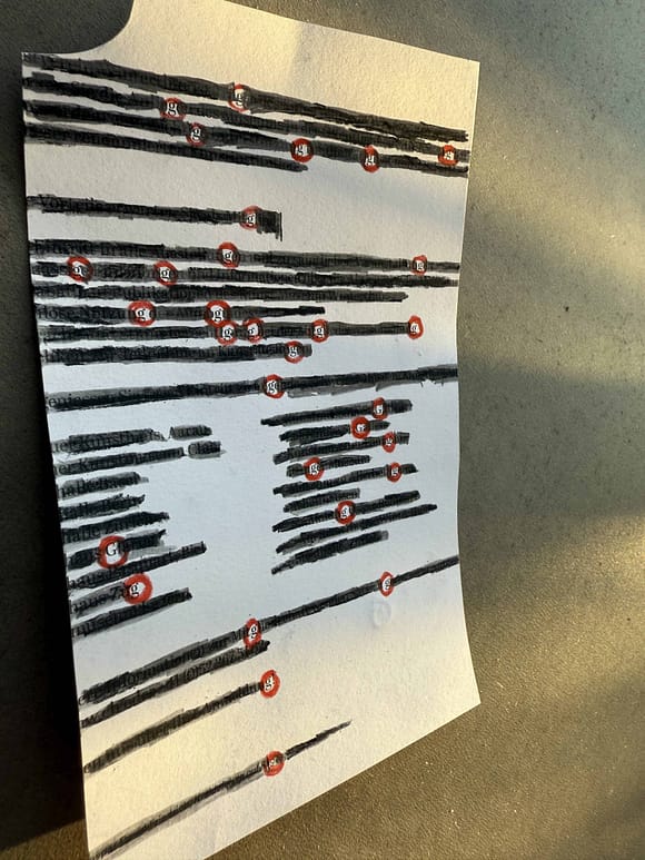 Ein Blatt Papier mit schwarzen Strichen, auf dem mehrere rote Kreise mit dem Buchstaben 'g' hervorgehoben sind.