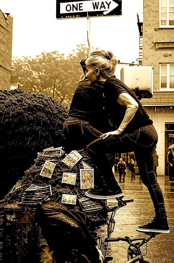 Eine Person klettert auf einen Komposthaufen aus gesammelten Fotos, während eine andere Person im Hintergrund sitzt. Im Hintergrund ist ein Verkehrsschild mit der Aufschrift 'ONE WAY' sichtbar. Die Szene vermittelt eine künstlerische Intervention im urbanen Raum.